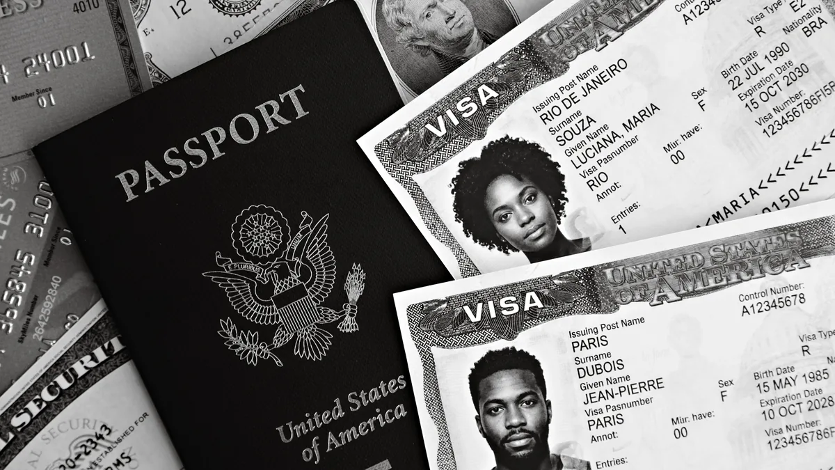 A passport and visa application documents laid out on a desk